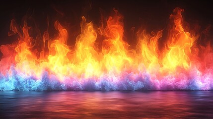 Wall Mural - colorful flames rise from a reflective floor, creating a vivid abstract background