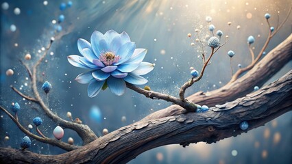 Wall Mural - Enchanted Branch with a Single Azure Bloom, Adorned with Dust and Small, Blue, Orb-like Accents