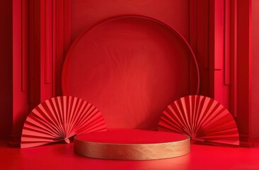 Aufkleber - Red And Gold Podium With Paper Fans On Red Background