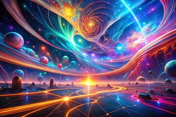 Poster - Surreal Virtual Reality Space Background: Futuristic Neon Galaxy with Abstract Data Streams
