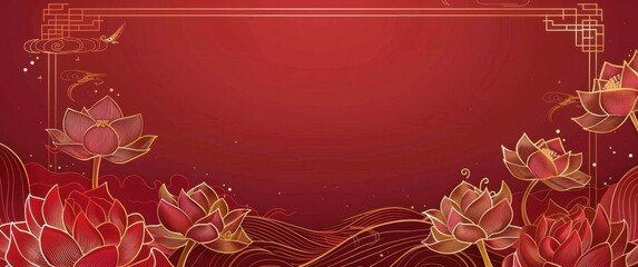 Aufkleber - Red Floral Background with Golden Frame