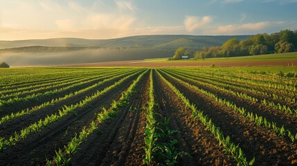 Aufkleber - Rows of Young Crops in a Farmland at Sunrise