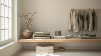 Poster - Minimalist bedroom with linen clothing and towels on wooden shelf.