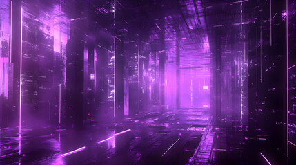 Complex digital network mesh illuminated by soft purple light in a futuristic setting
