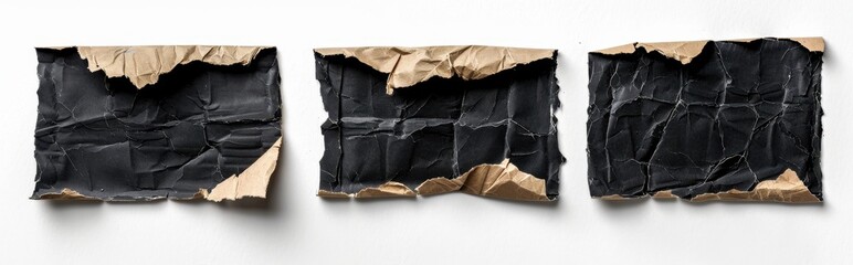 Poster - Three Torn Pieces of Black and Brown Paper on White Background