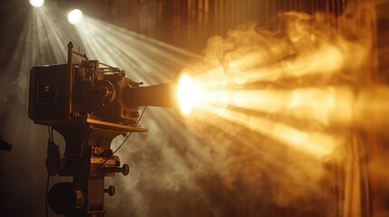 Aufkleber - Vintage Film Projector Casting Warm Light Beams in Smoky Dark Room