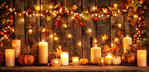 Poster - Warm Autumnal Scene with Lit Candles and Pumpkins