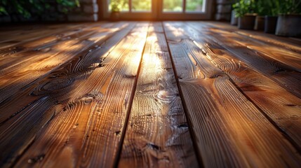 Poster - Warm Sunlight on Wet Wooden Deck Floor