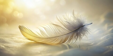 Wall Mural - A Delicate Bird Feather Resting on a Soft Surface, Illuminated by Warm Golden Light