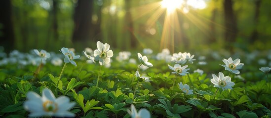 Aufkleber - White Wildflowers Illuminated by Sunlight in a Lush Green Forest