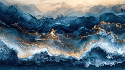 Poster - Abstract Blue And Gold Mountain Landscape Digital Art