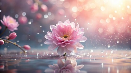 Wall Mural - A delicate pink flower floats serenely on still water, reflecting its beauty in the tranquil surface, surrounded by a soft, ethereal glow and gentle rain