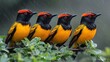 © Lemdah - Four colorful birds perched in rain, lush foliage