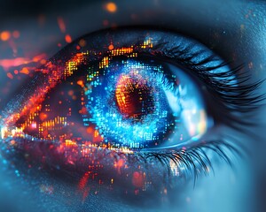 Poster - Futuristic artistic composition of a blue human eye with digital glitch effects