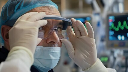 Poster - medical professional wearing protective gear adjusting smart glasses while monitoring patient vital 