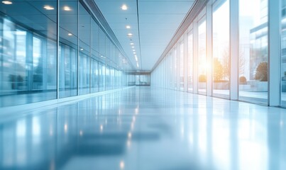 Poster - Modern and Bright Hallway Interior with Smooth Floor and Large Windows Reflecting Natural Light in a Contemporary Office Setting