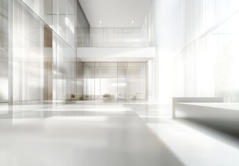 Poster - Modern architectural interior with light-filled spaces, minimal design elements, sleek lines, and glass walls reflecting serene ambient sunlight.