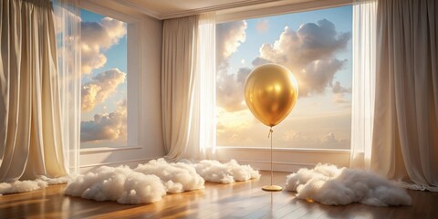 Wall Mural - Golden Balloon Dreamscape  A Serene Interior with Clouds and a Sunset View