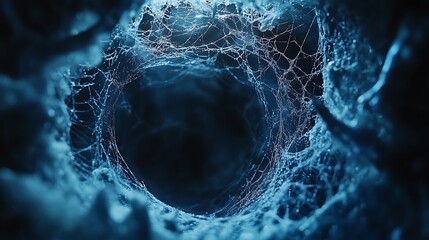 A close-up photograph of an intricate spider web, dark background, 