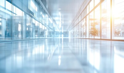 Poster - Modern glass corridor with bright sunlight illuminating polished floors and reflective surfaces in a spacious contemporary interior setting