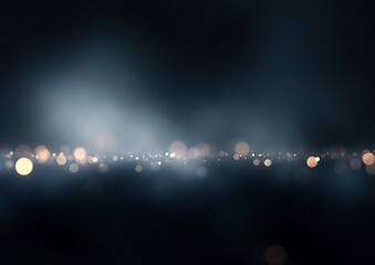Wall Mural - Abstract dark background with lights, blurry, foggy, bokeh, light gray and navy blue, horizontal line of lights in the bottom right corner
