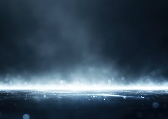 Wall Mural - Abstract dark background with lights, blurry, foggy, bokeh, light gray and navy blue, horizontal line of lights in the bottom right corner
