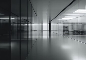Poster - Modern minimalist interior of a spacious office hallway featuring sleek glass walls and reflective surfaces illustrating contemporary design aesthetics