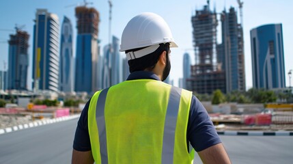 Poster - Construction Worker Observing Skyline Development in Urban Setting with Modern Skyscrapers and Construction Sites in Background