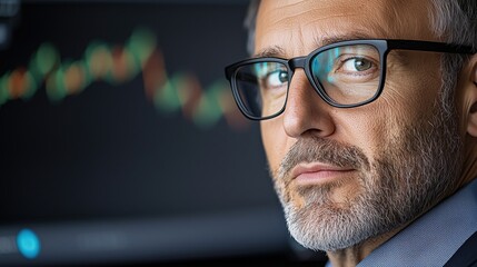 Poster - Professional man with glasses looking at camera, stock market data analysis background, business strategy, finance, technology, and investment concepts depicted vividly