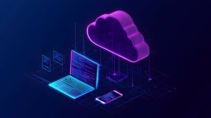 Poster - Isometric Digital Cloud Computing Illustration with Laptop and Smartphone on Blue Background