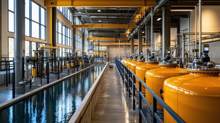 Poster - industrial facility with large yellow tanks and water channel in brightly lit modern production envi