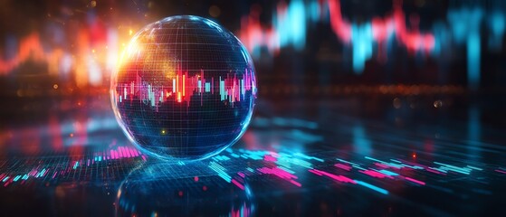 Leinwandbilder - Stock market forecasting in a crystal globe with candlestick charts, representing investor prediction and financial analysis for future investment strategies and market trends
