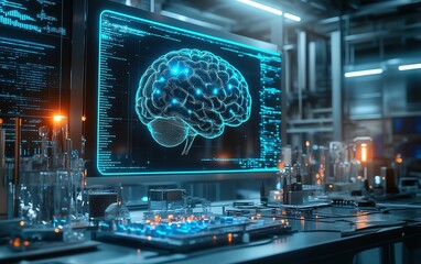 Aufkleber - Wide banner hologram showcasing an artificial intelligence brain in a factory lab