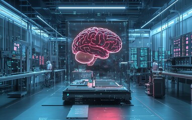 Aufkleber - Wide banner hologram showcasing an artificial intelligence brain in a factory lab