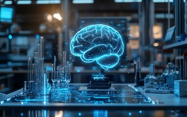 Aufkleber - Wide banner hologram showcasing an artificial intelligence brain in a factory lab