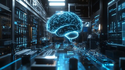 Aufkleber - Artificial intelligence brain floating in a factory lab
