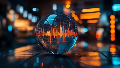 Leinwandbilder - Crystal globe showcasing stock market candlestick charts, investor predictions, and financial forecasting, symbolizing dynamic investment strategies and market trend analysis