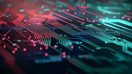 Poster - Abstract electronic circuit board with red and blue lines and green grid background