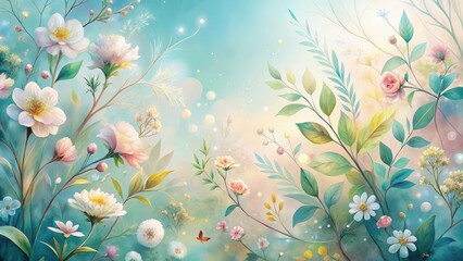 Wall Mural - Enchanted Garden A Serene Display of Pastel Blossoms and Delicate Foliage in a Dreamlike Setting