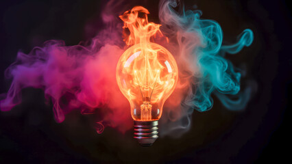  - vibrant light bulb surrounded by colorful smoke with fiery flames and electric blue mist in dark bac