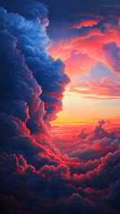 Wall Mural - Deep cosmic blue infused with fiery pink highlights creating a futuristic surreal sky over drifting clouds