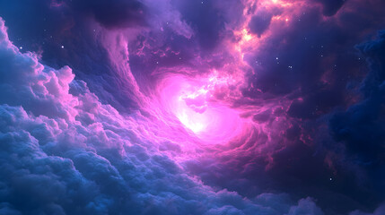 Wall Mural - Deep galactic blue merging into a radiant pink vortex of light with misty clouds forming a surreal skyline