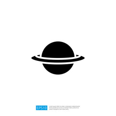 Poster - Black Icon of a Ringed Planet in Space with Circular Shape and Decorative Outline Against a White Background