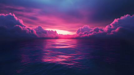 Wall Mural - Dark navy blue horizon set ablaze with striking fuchsia pink light cascading through an endless sea of clouds