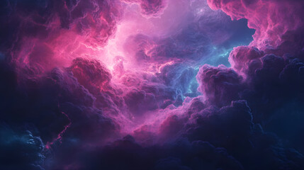 Wall Mural - Dark sapphire sky evolving into an electric pink dreamscape with swirling luminous clouds floating in the distance