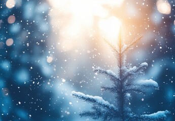Poster - Snowy tree branch glistening under soft sunlight with blurred background and falling snow creating a serene winter atmosphere in a peaceful forest setting