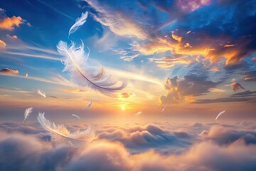 Wall Mural - Serene Sunset White Feathers Drifting Across a Dreamlike Cloudscape at Golden Hour