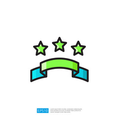 Poster - Colorful icon featuring three stars above a vibrant green and blue ribbon representing achievement and recognition in a modern and simplistic graphic design style.