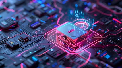 Poster - A futuristic data protection concept featuring a glowing augmented reality display of a digital padlock, holographic security interface floating in mid-air