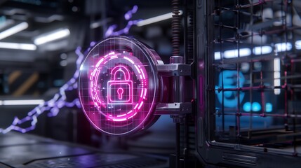 Poster - A futuristic hacker-proof system with an AI-driven augmented reality display, holographic padlocks and shields rotating in a 3D matrix, glowing cybernetic energy protecting sensitive data